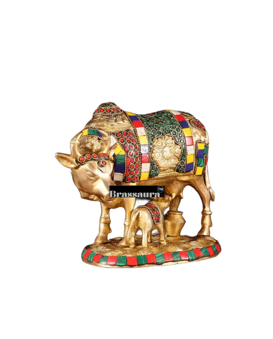 Brassaura™ Brass Cow & Calf Statue with BudShiv Meenakari Stonework – Height 7 Inches & Weight 3.25 Kgs