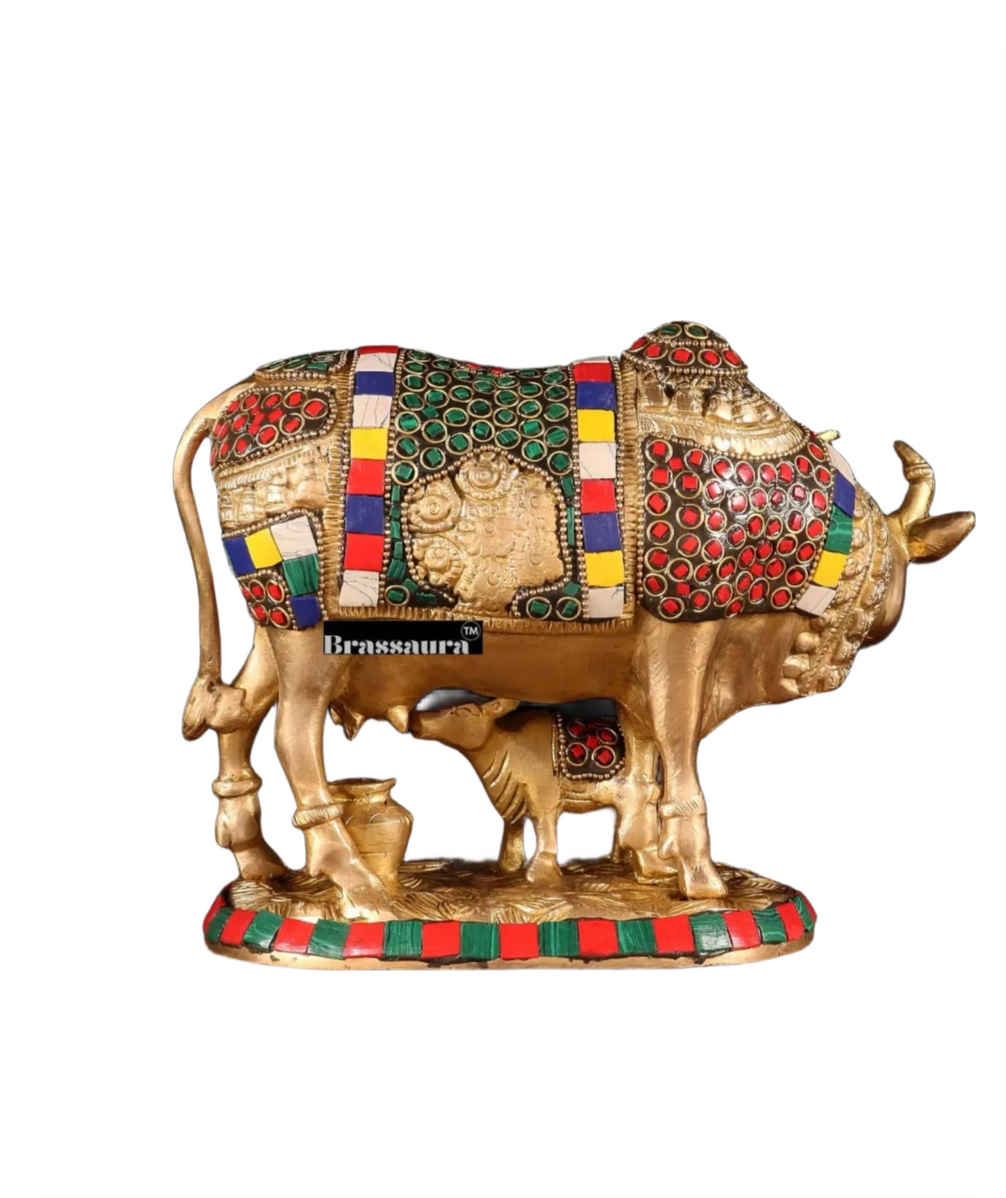 Brassaura™ Brass Cow & Calf Statue with BudShiv Meenakari Stonework – Height 7 Inches & Weight 3.25 Kgs