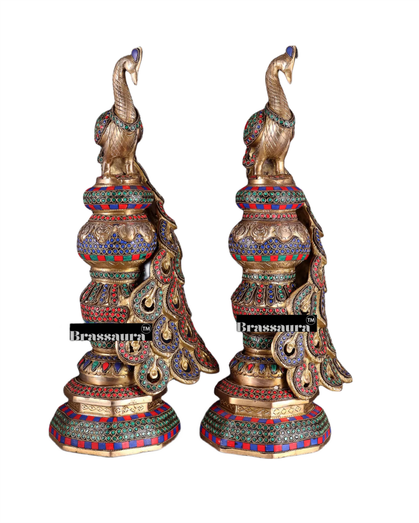 Brassaura™ Brass Peacock Pair with Meenakari Detailing – Height 20 Inches & Weight 17 Kgs (Pair)