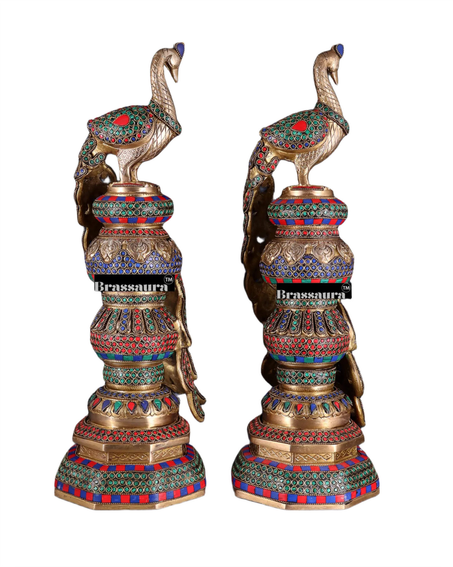 Brassaura™ Brass Peacock Pair with Meenakari Detailing – Height 20 Inches & Weight 17 Kgs (Pair)