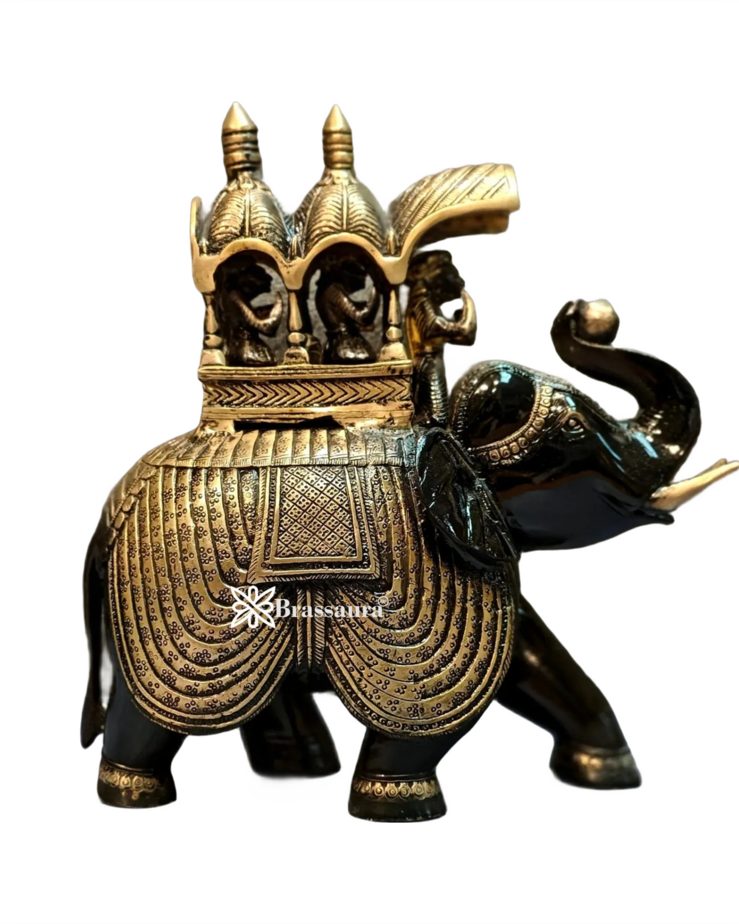 Brassaura™ Pure Brass Ambari Elephant Statue – Height 12 Inches & Weight 7.5 Kgs
