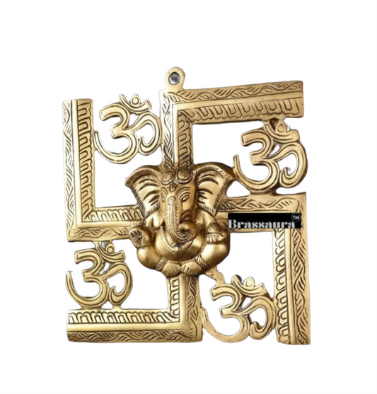 Brassaura™ Brass Swastik Wall Hanging with Lord Ganesha – Height 8.5 Inches & Weight 1.1 Kgs
