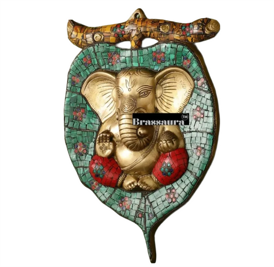 Brassaura™ Brass Ganesha on Leaf Wall Hanging – Height 13 Inches & Weight 3 Kgs