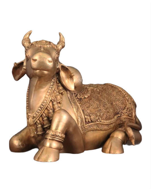 Brassaura™ Pure Brass Nandi Statue with Three Shivling – Height 8 Inches & Weight 5.5 Kgs | Intricately Carved Sand Finish Idol