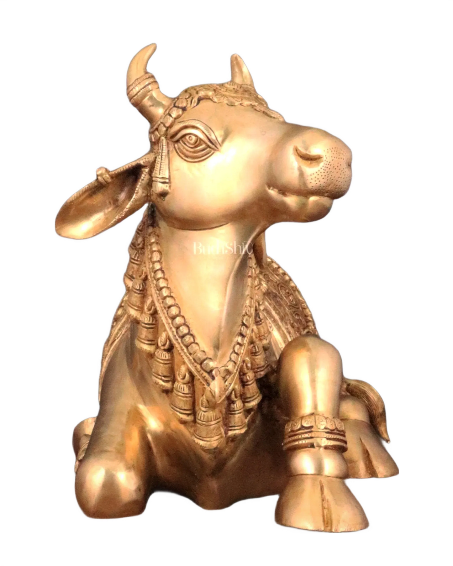 Brassaura™ Pure Brass Nandi Statue with Three Shivling – Height 8 Inches & Weight 5.5 Kgs | Intricately Carved Sand Finish Idol