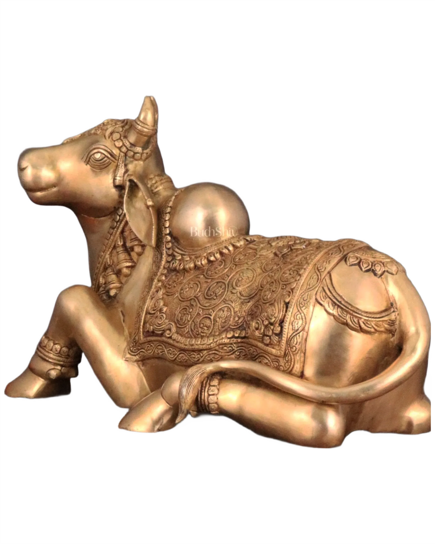 Brassaura™ Pure Brass Nandi Statue with Three Shivling – Height 8 Inches & Weight 5.5 Kgs | Intricately Carved Sand Finish Idol