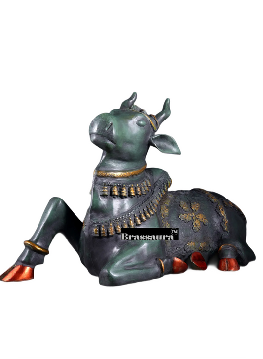 Brassaura™ Brass Antique Large Nandi Sculpture with Pichwai Finish – Height 21.5 Inches & Weight 30 Kgs | Rustic Green Patina Idol