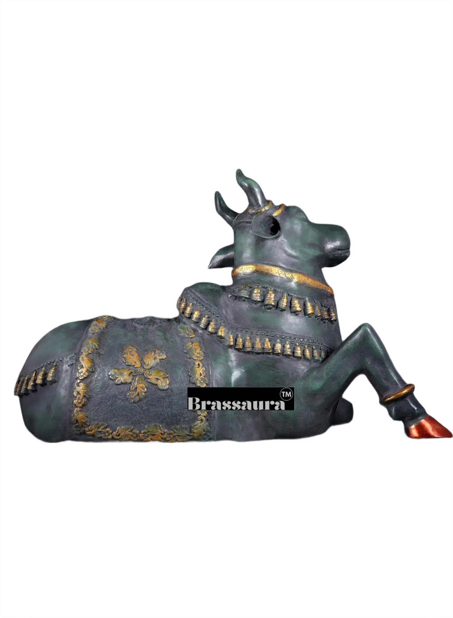 Brassaura™ Brass Antique Large Nandi Sculpture with Pichwai Finish – Height 21.5 Inches & Weight 30 Kgs | Rustic Green Patina Idol