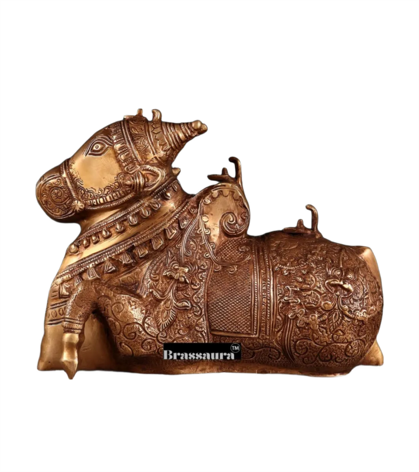 Brassaura™ Pure Brass Nandi Fully Carved Statue with Three Shivling – Height 8 Inches, Weight 5.5 Kgs | Matte Gold Finish Large Nandi