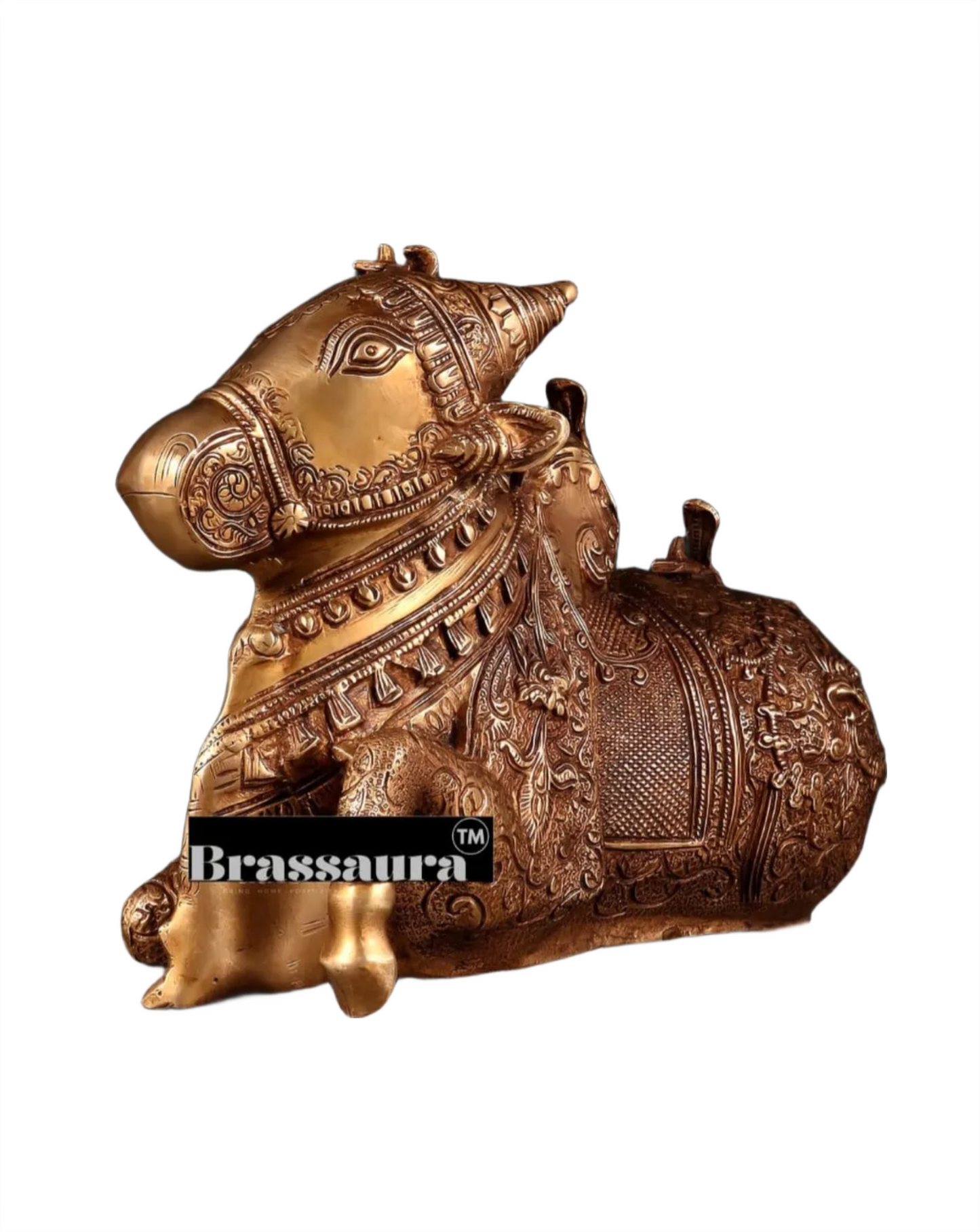 Brassaura™ Pure Brass Nandi Fully Carved Statue with Three Shivling – Height 8 Inches, Weight 5.5 Kgs | Matte Gold Finish Large Nandi
