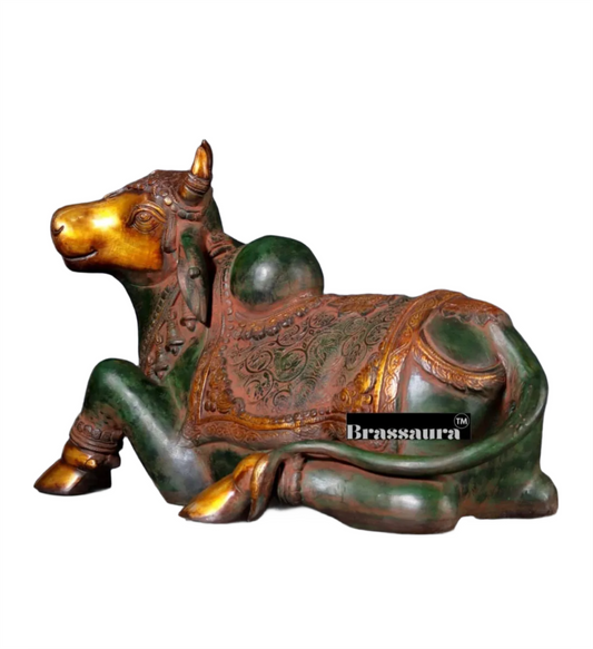 Brassaura™ Handcrafted Brass Nandi Idol – Height 14.5 Inches & Weight 20 Kgs | Vintage Green & Red Patina Finish
