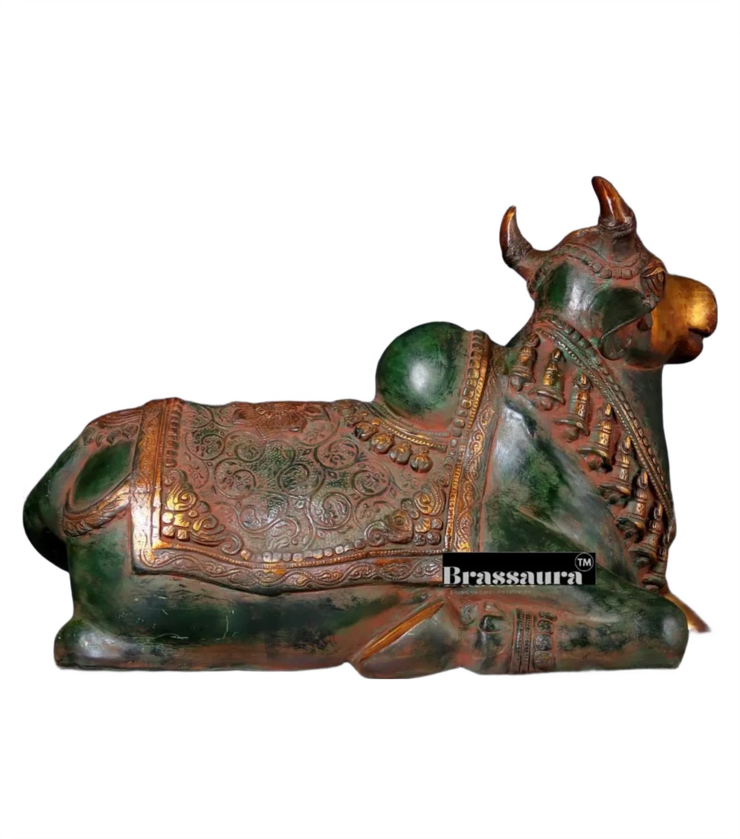 Brassaura™ Handcrafted Brass Nandi Idol – Height 14.5 Inches & Weight 20 Kgs | Vintage Green & Red Patina Finish