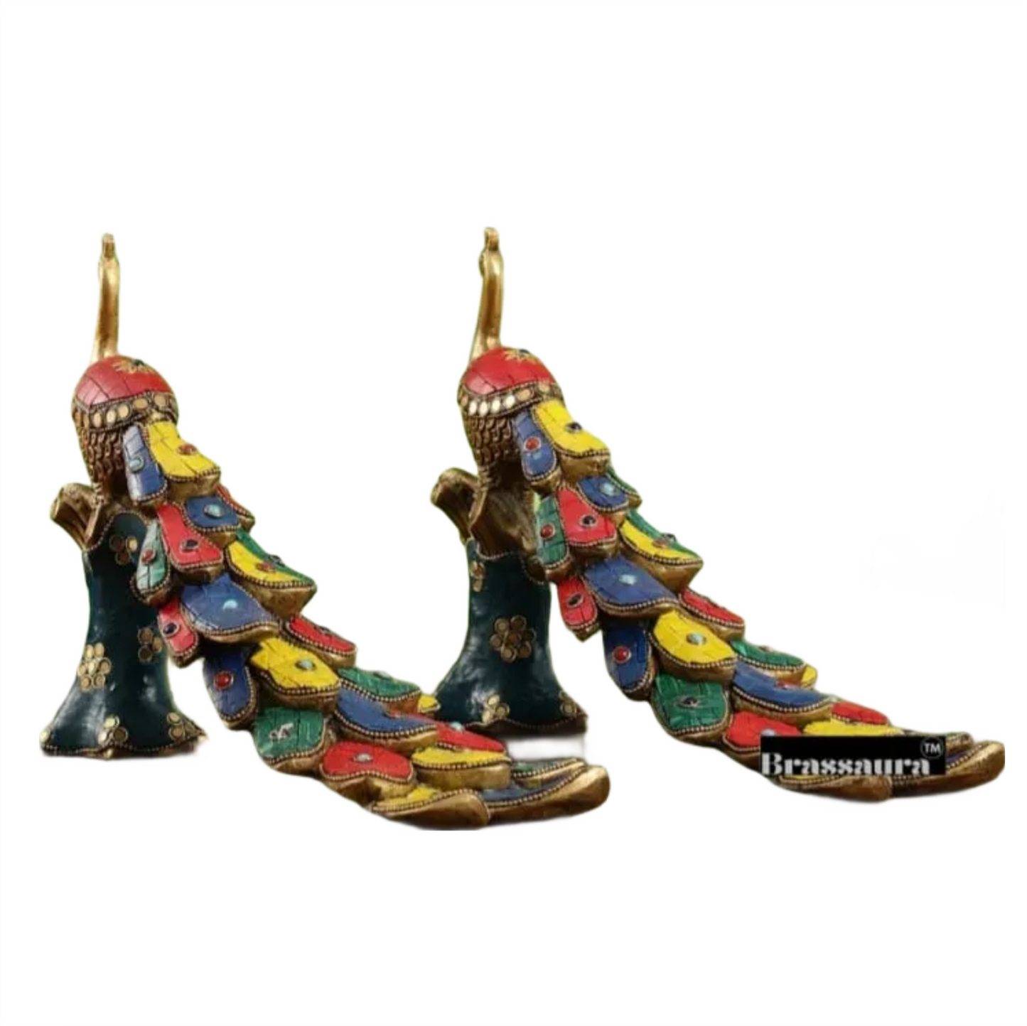 Brassaura™ Brass Peacock Table Accent Pair with Meenakari Stonework – Height 8.5 Inches Each & Total Weight 5 Kgs