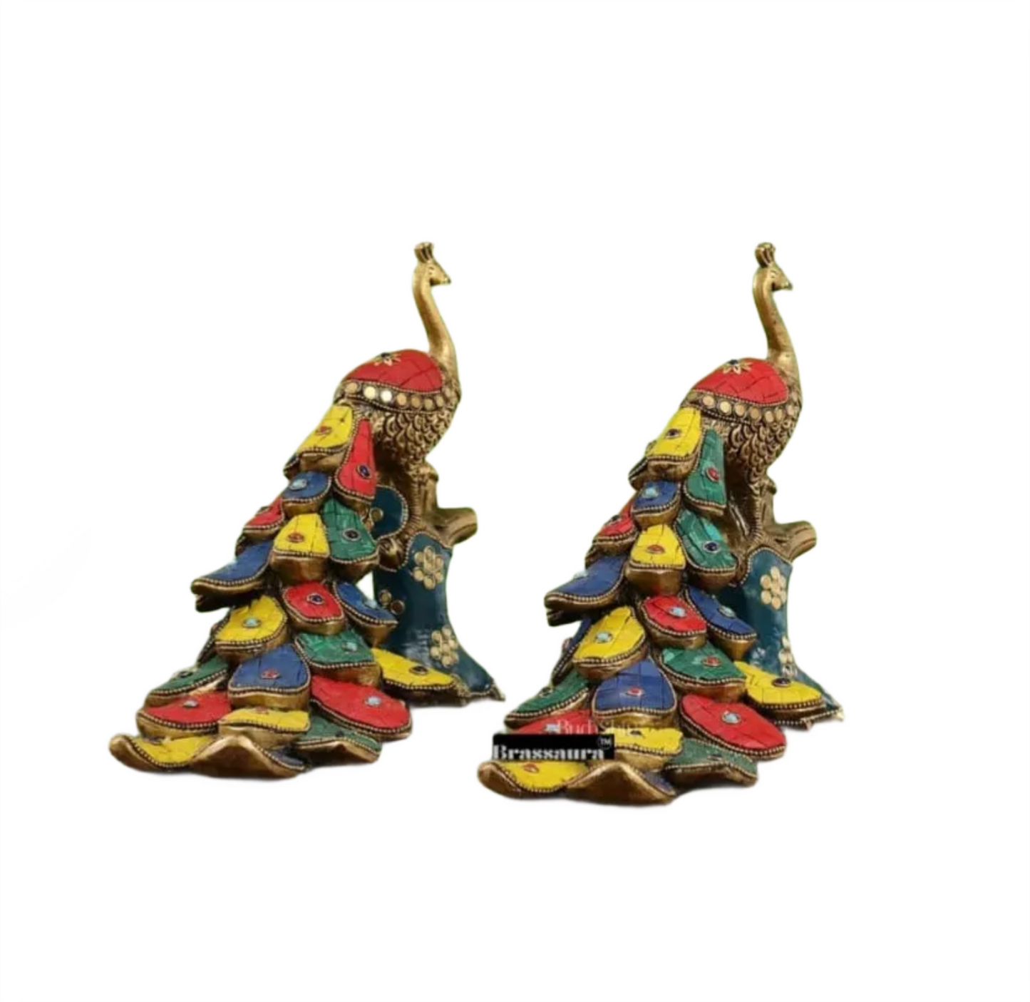 Brassaura™ Brass Peacock Table Accent Pair with Meenakari Stonework – Height 8.5 Inches Each & Total Weight 5 Kgs