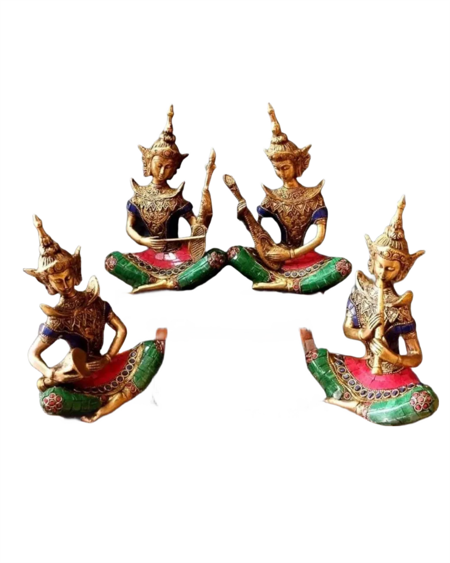 Brassaura™ Brass Handcrafted Thai Musical Set with Stonework – Height 8 Inches & Total Weight 6 Kgs (Set of 4)