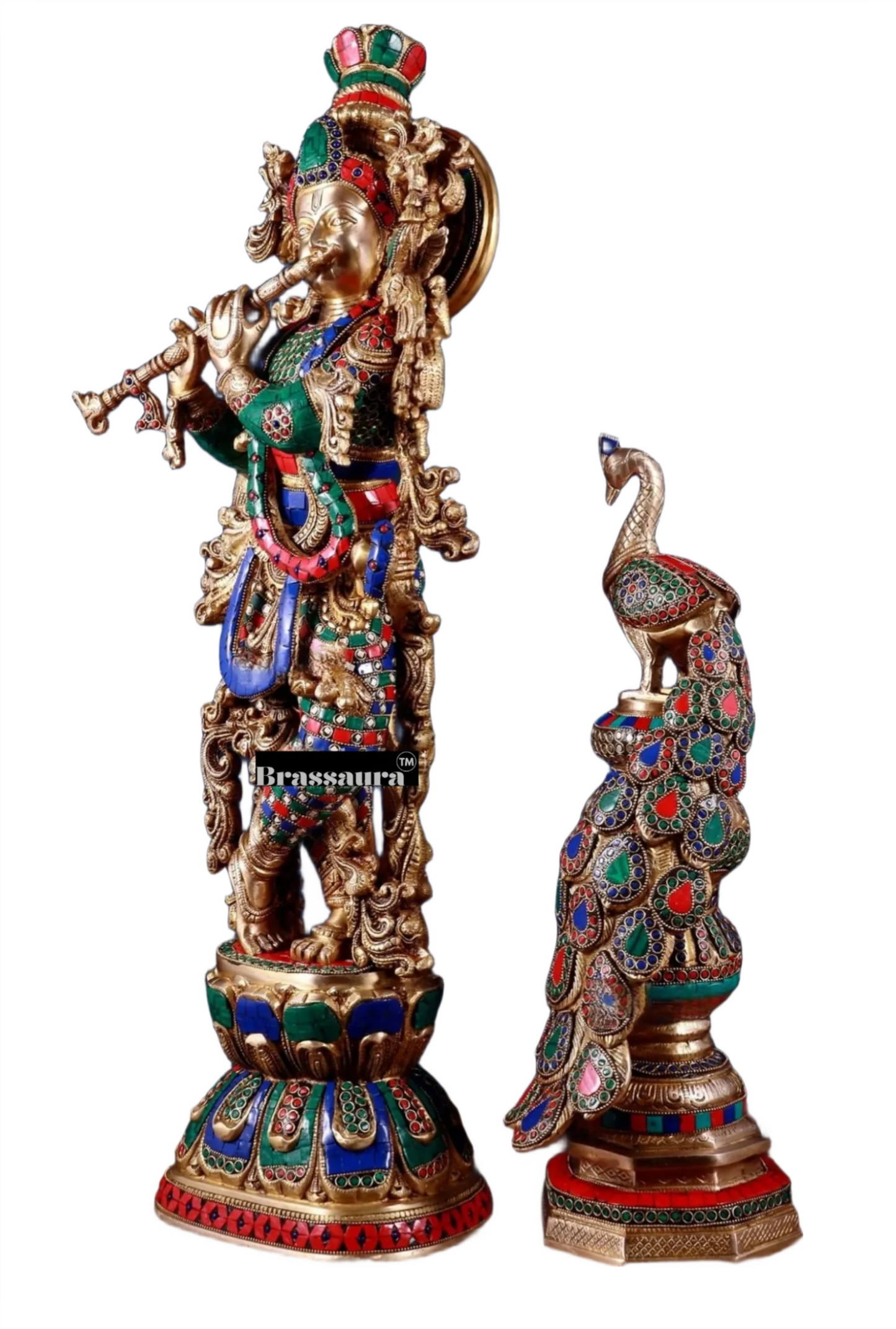 Brassaura™ Krishna Flute Statue (29" | 19 Kgs) & Large Peacock Showpiece (20" | 8.5 Kgs) Set