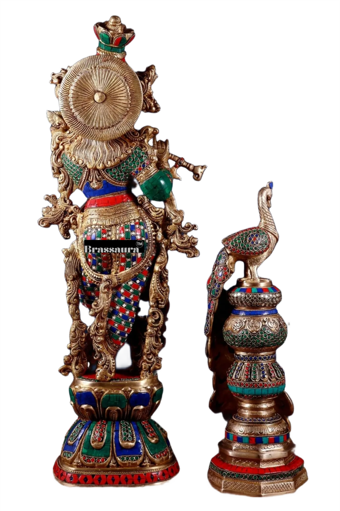 Brassaura™ Krishna Flute Statue (29" | 19 Kgs) & Large Peacock Showpiece (20" | 8.5 Kgs) Set