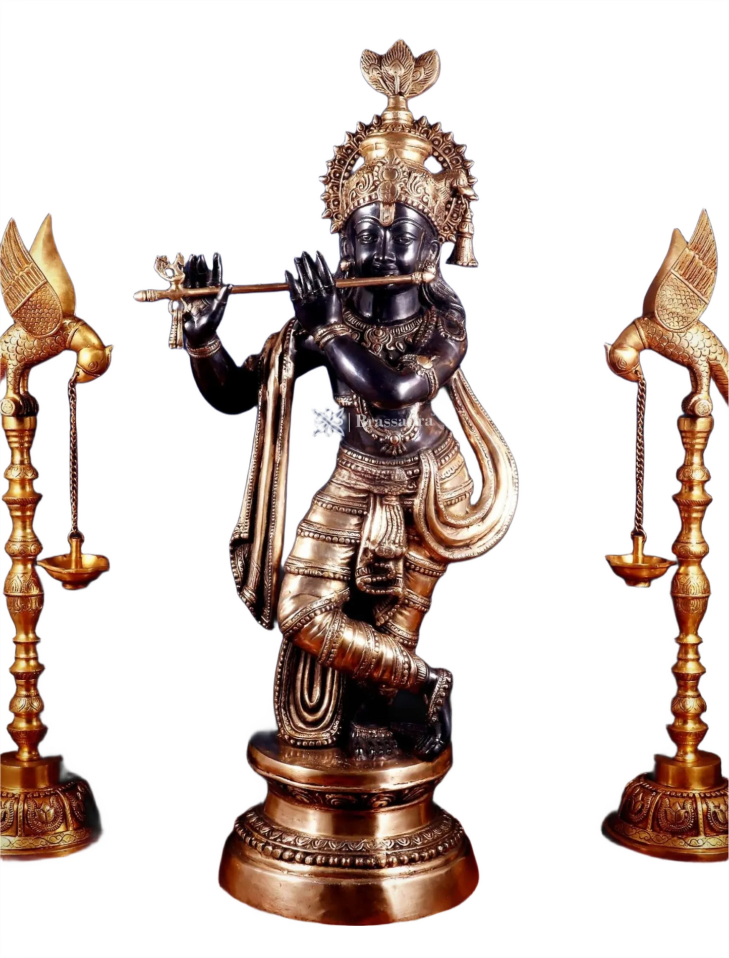 Brassaura™ Large Lord Krishna Brass Statue – Height 36" | Weight 22 Kgs | Black & Golden Finish