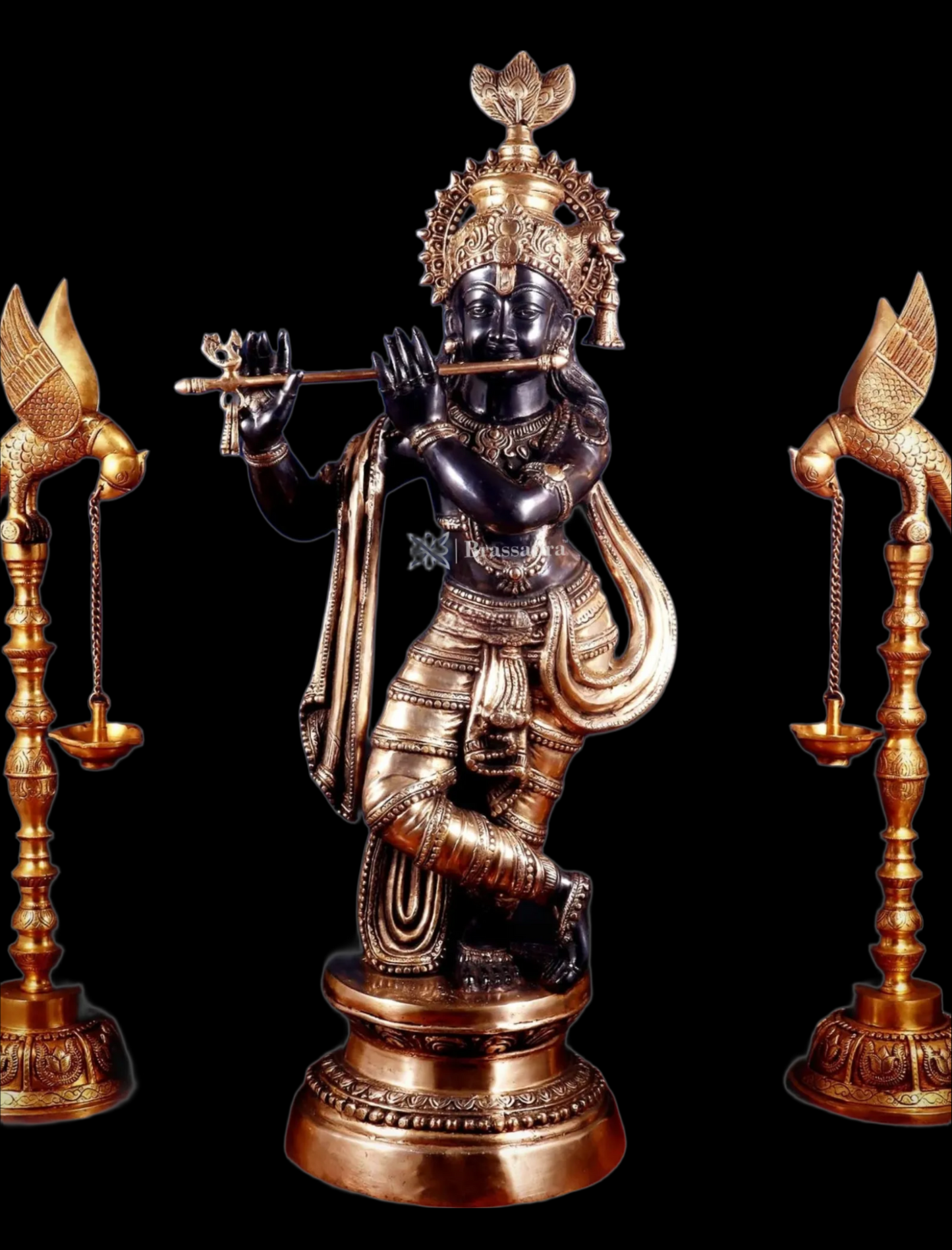 Brassaura™ Large Lord Krishna Brass Statue – Height 36" | Weight 22 Kgs | Black & Golden Finish