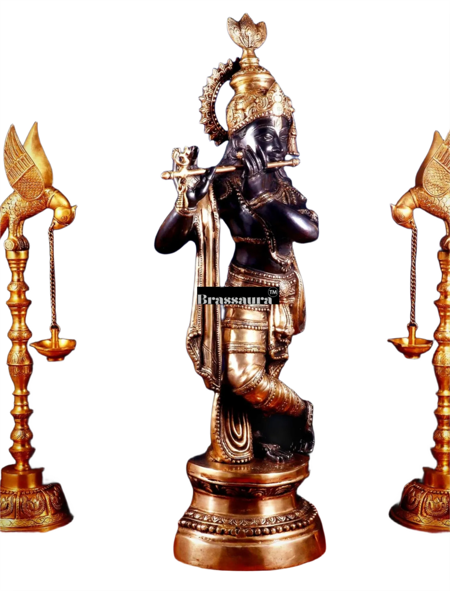 Brassaura™ Large Lord Krishna Brass Statue – Height 36" | Weight 22 Kgs | Black & Golden Finish