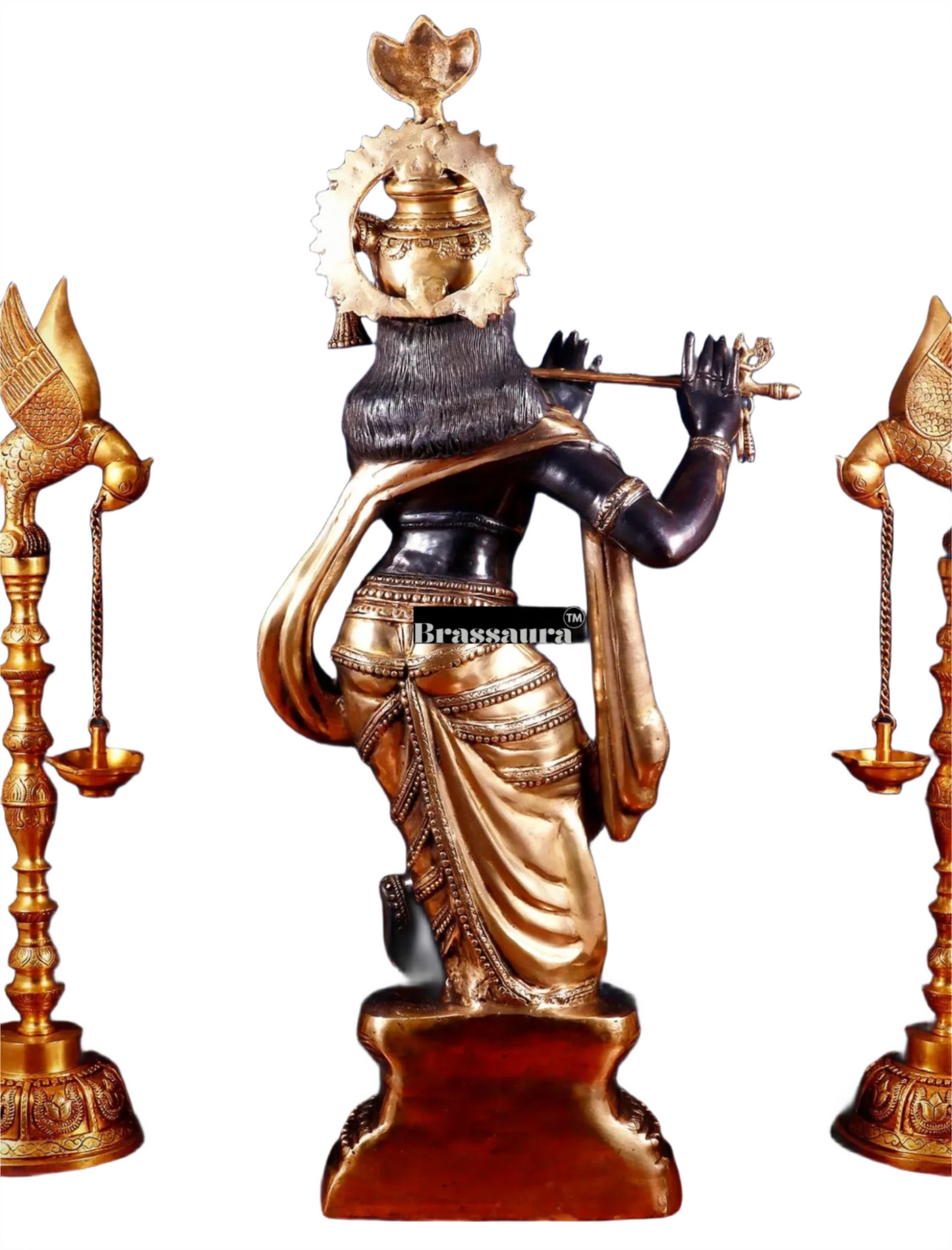 Brassaura™ Large Lord Krishna Brass Statue – Height 36" | Weight 22 Kgs | Black & Golden Finish