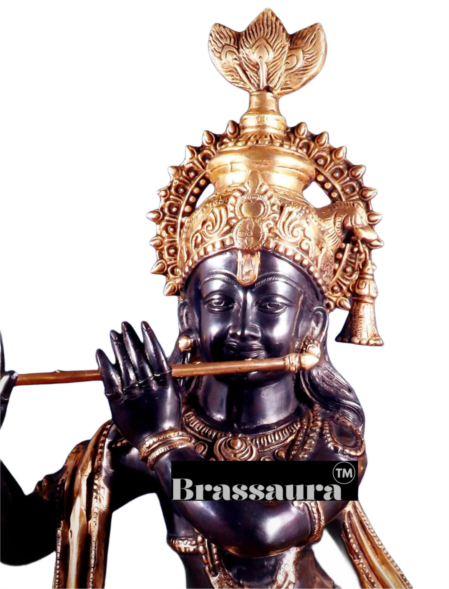 Brassaura™ Large Lord Krishna Brass Statue – Height 36" | Weight 22 Kgs | Black & Golden Finish