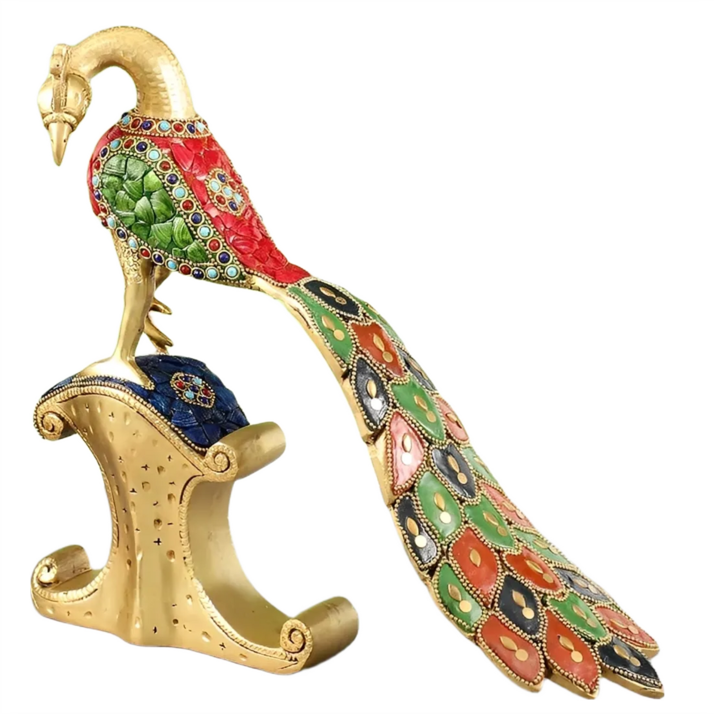 Brassaura™ Handcrafted Brass Peacock Showpiece with Stonework – Height 11 Inches & Weight 3 Kgs