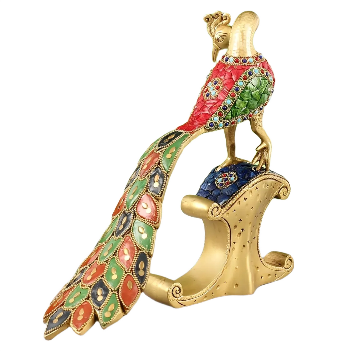 Brassaura™ Handcrafted Brass Peacock Showpiece with Stonework – Height 11 Inches & Weight 3 Kgs