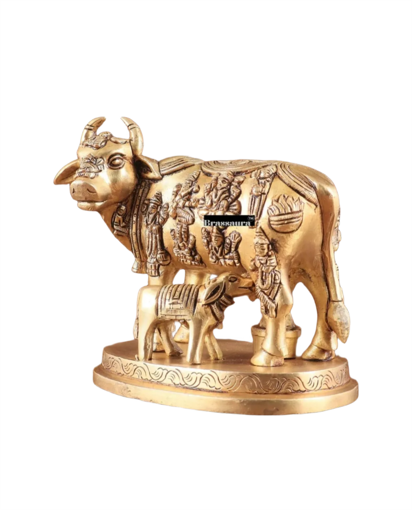 Brassaura™ Engraved Brass Kamdhenu Statue – Height 5" | Weight 2 Kgs