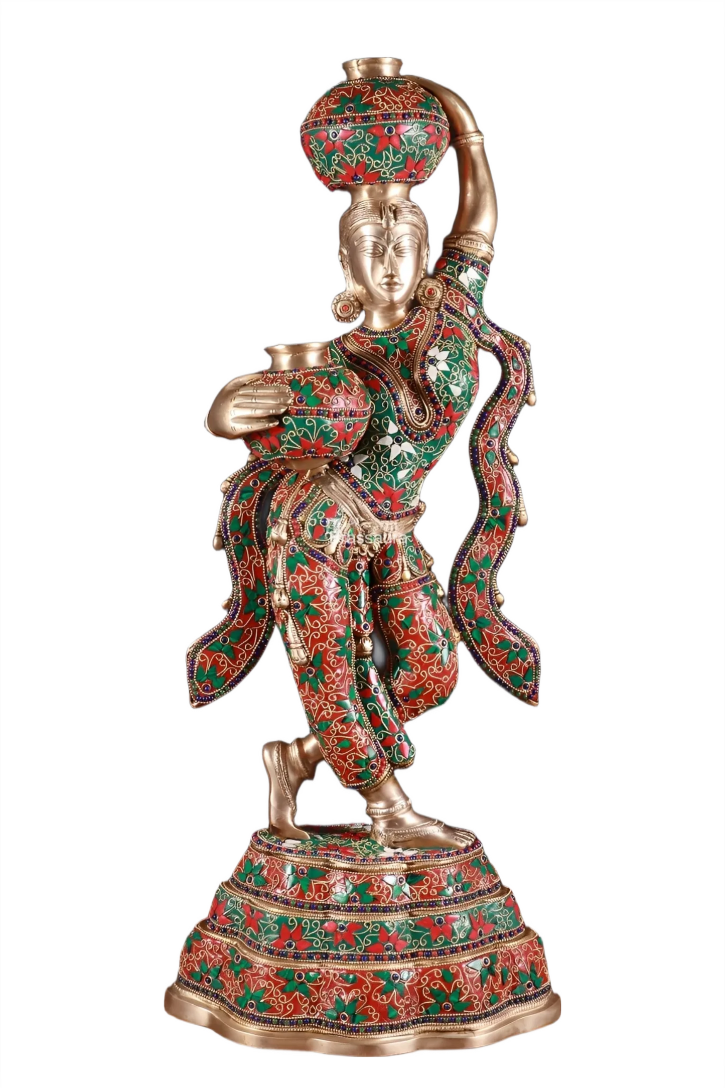 Brassaura™ Pure Brass Krishna’s Gopi with Butter Pots Statue – Height 27.2 Inches & Weight 15 Kgs | Meenakari Work Home & Temple Décor
