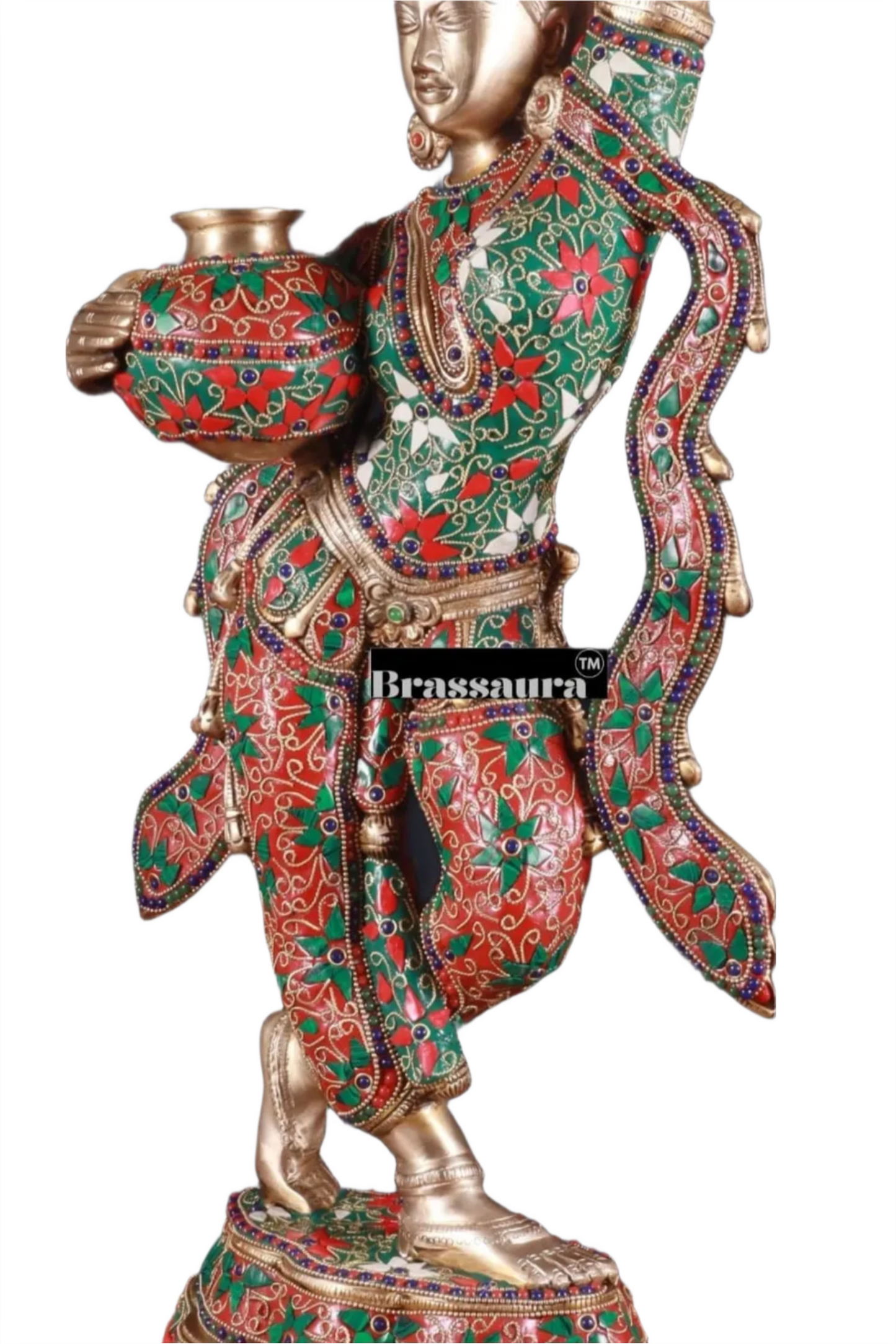 Brassaura™ Pure Brass Krishna’s Gopi with Butter Pots Statue – Height 27.2 Inches & Weight 15 Kgs | Meenakari Work Home & Temple Décor