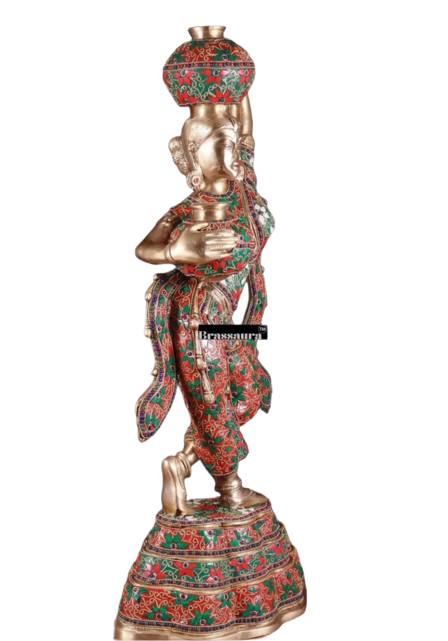 Brassaura™ Pure Brass Krishna’s Gopi with Butter Pots Statue – Height 27.2 Inches & Weight 15 Kgs | Meenakari Work Home & Temple Décor