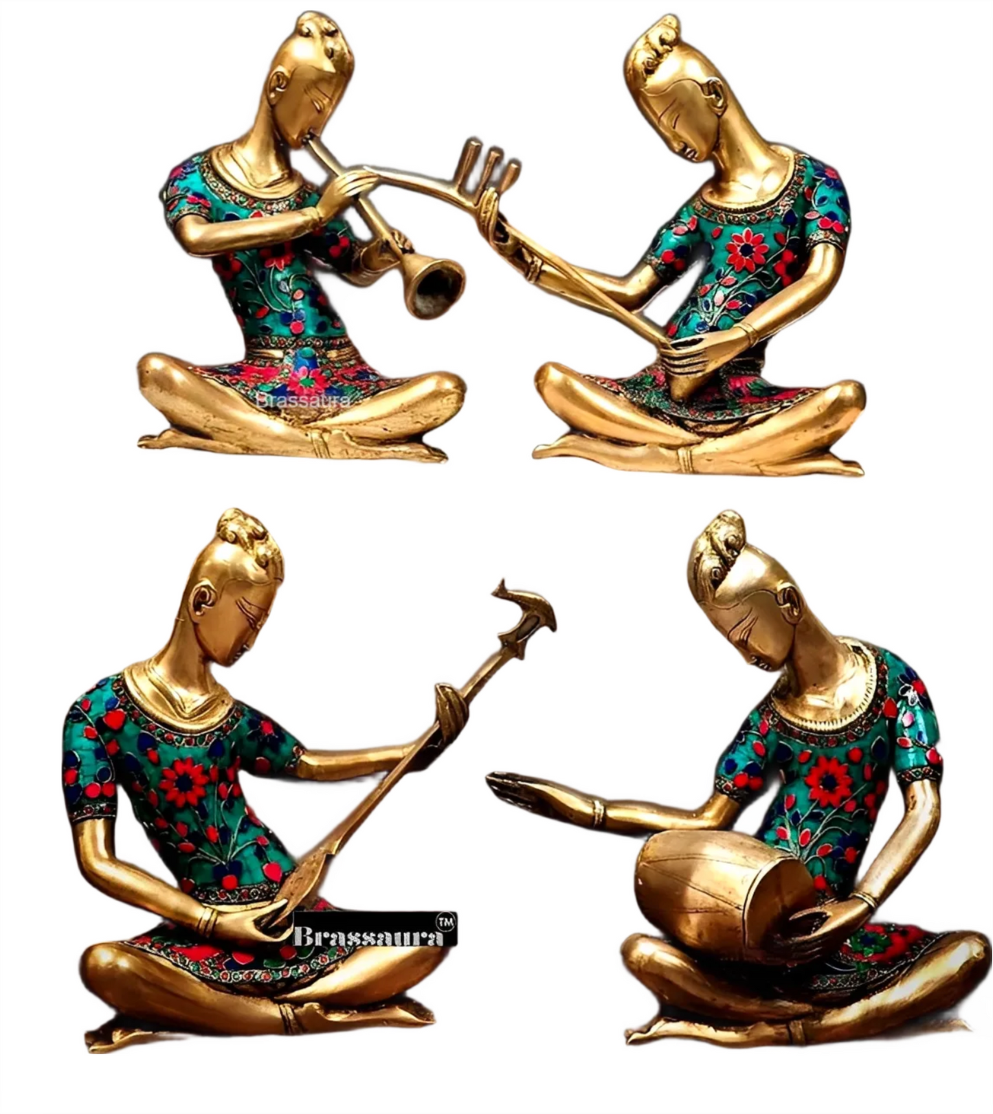 Brassaura™ Brass Tribal Musician Set of 4 – Height 13 Inches & Total Weight 27 Kgs | Ethnic Home Décor