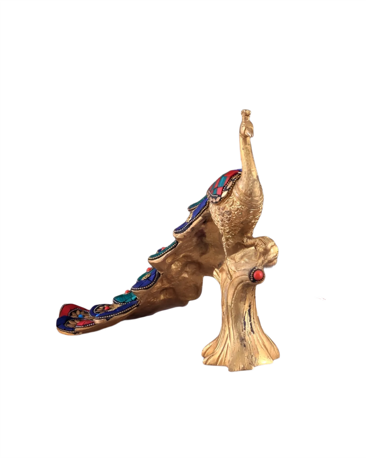 Brassaura™ Handcrafted Brass Peacock Table Accent with Meenakari Stonework – Height 8.5 Inches & Weight 2.5 Kgs