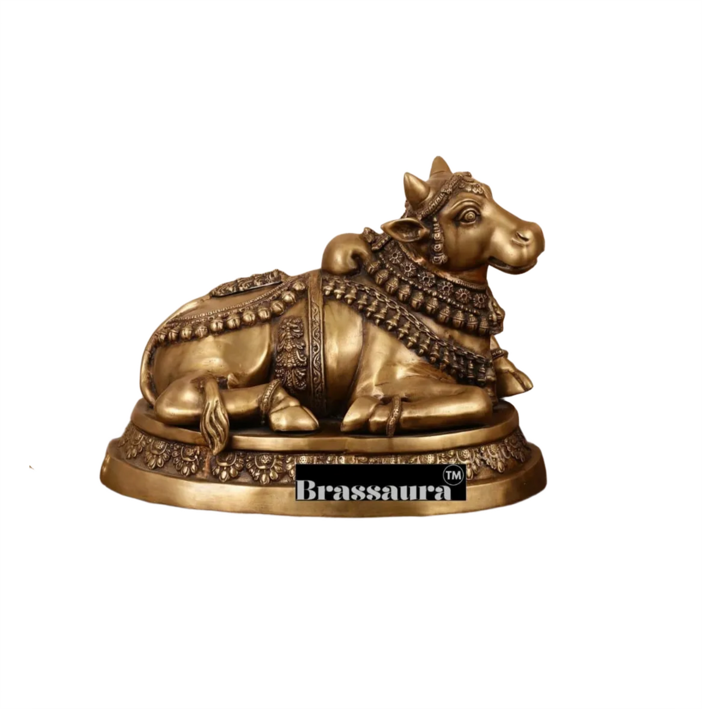 Brassaura™ Superfine Antique Brass Sitting Nandi Statue – Height 16 Inches & Weight 21.21 Kgs | Majestic Temple Idol