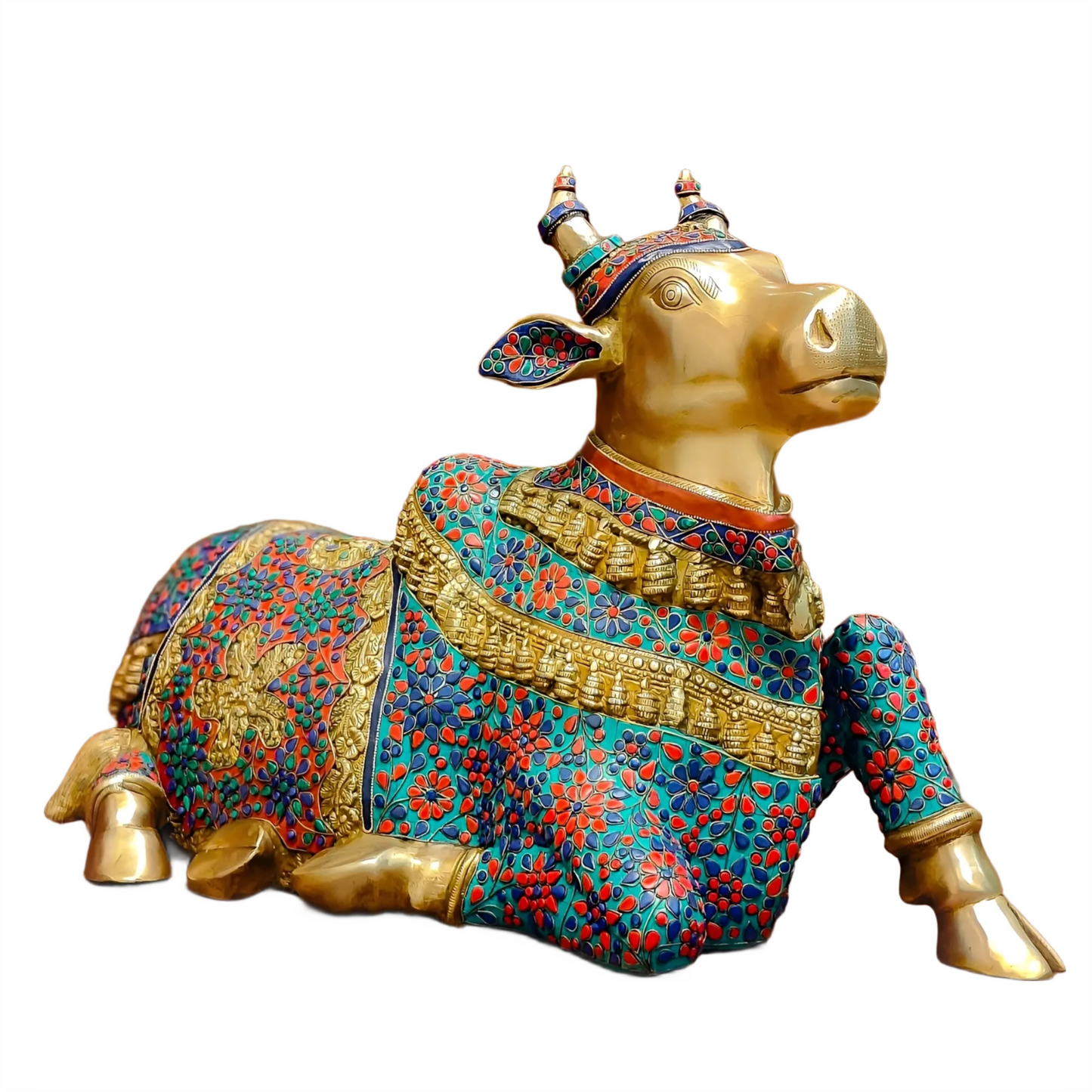 Brassaura™ Handcrafted Brass Wirework Nandi Bull with Natural Stones – Height 21 Inches & Weight 30 Kgs | Majestic Temple Sculpture
