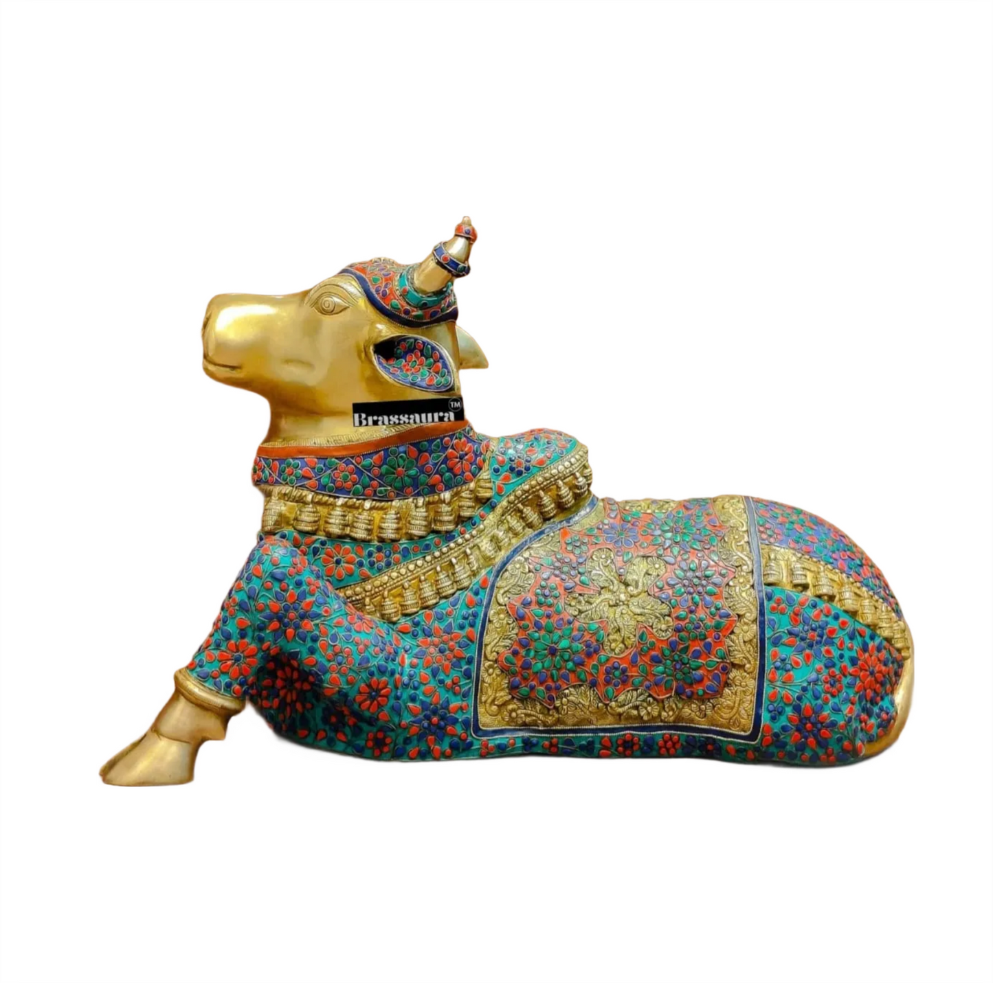 Brassaura™ Handcrafted Brass Wirework Nandi Bull with Natural Stones – Height 21 Inches & Weight 30 Kgs | Majestic Temple Sculpture