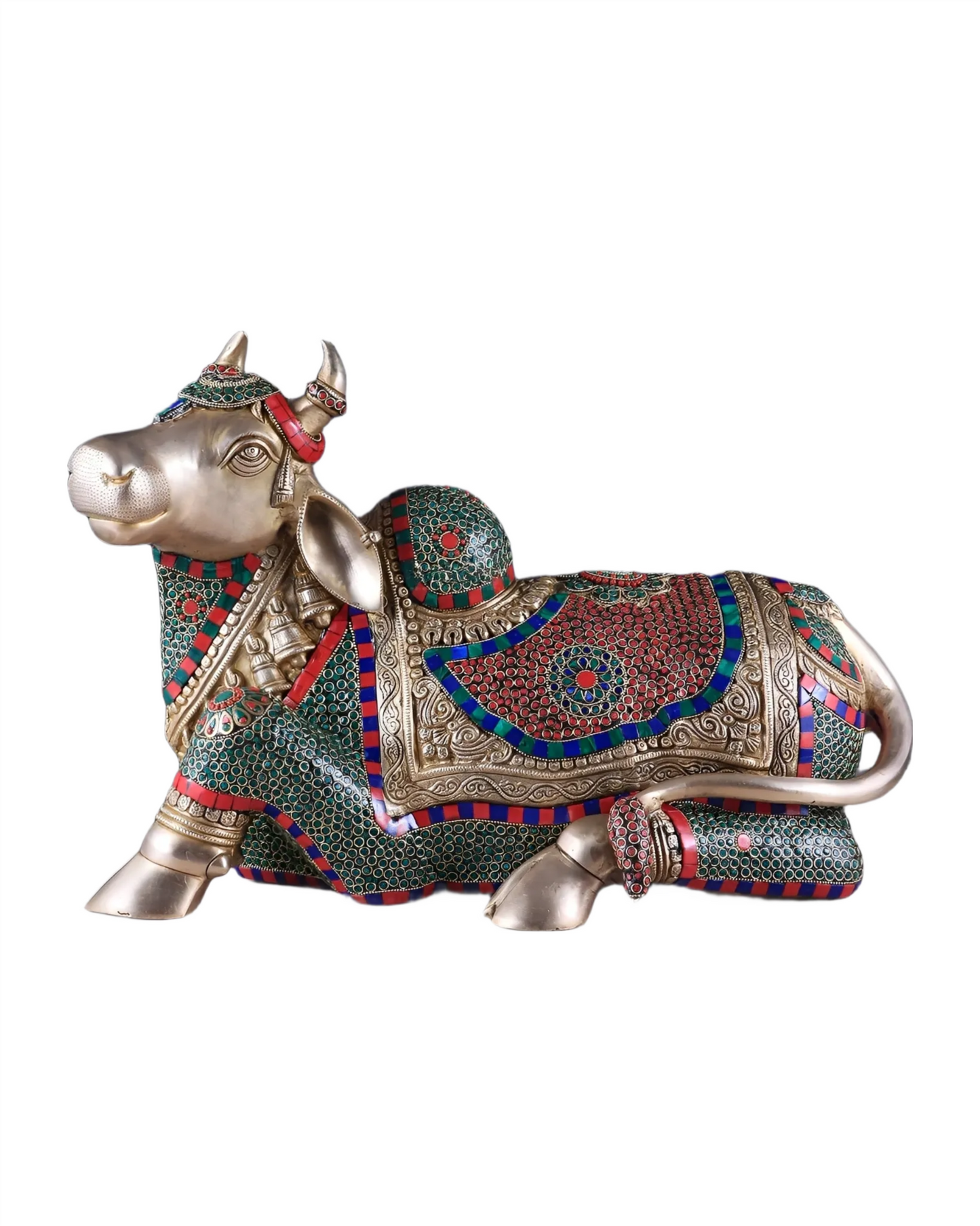 Brassaura™ Brass Nandi Statue with Intricate Stonework – Height 15" & Weight 22.5 Kgs | Temple & Home Décor
