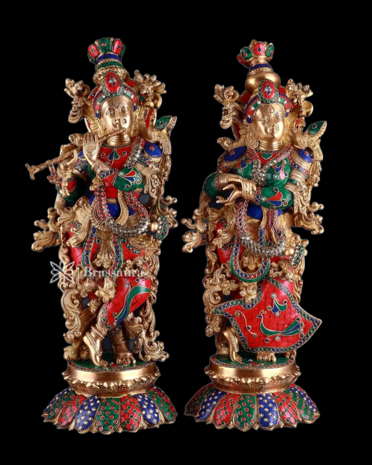 Brassaura™ Handcrafted Brass Radha Krishna Idol Pair with Lotus Base – Height 27 Inches & Weight 40 Kgs | Elegant Devotional Statue