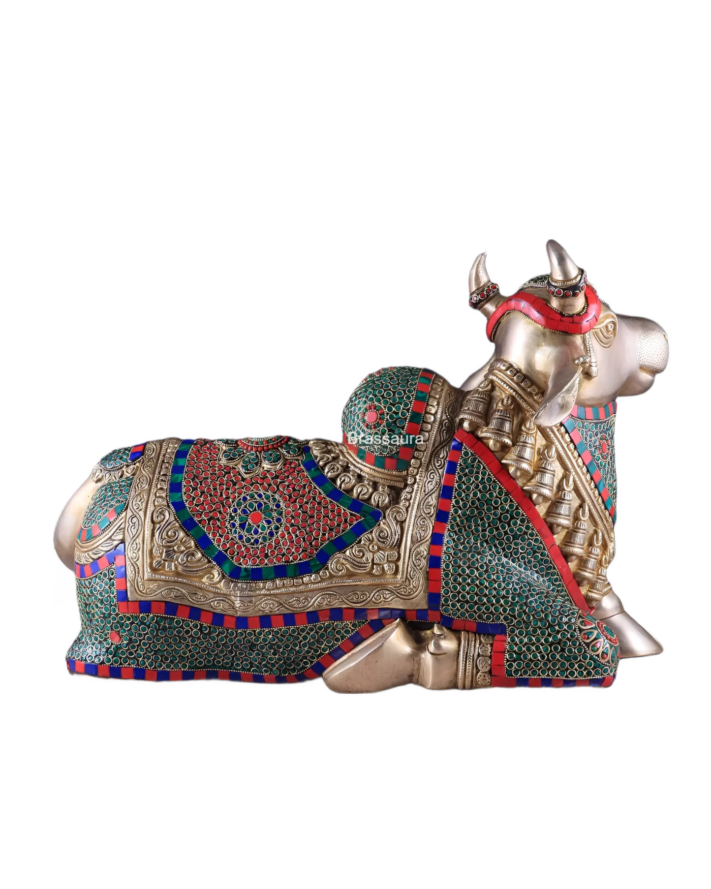 Brassaura™ Brass Nandi Statue with Intricate Stonework – Height 15" & Weight 22.5 Kgs | Temple & Home Décor