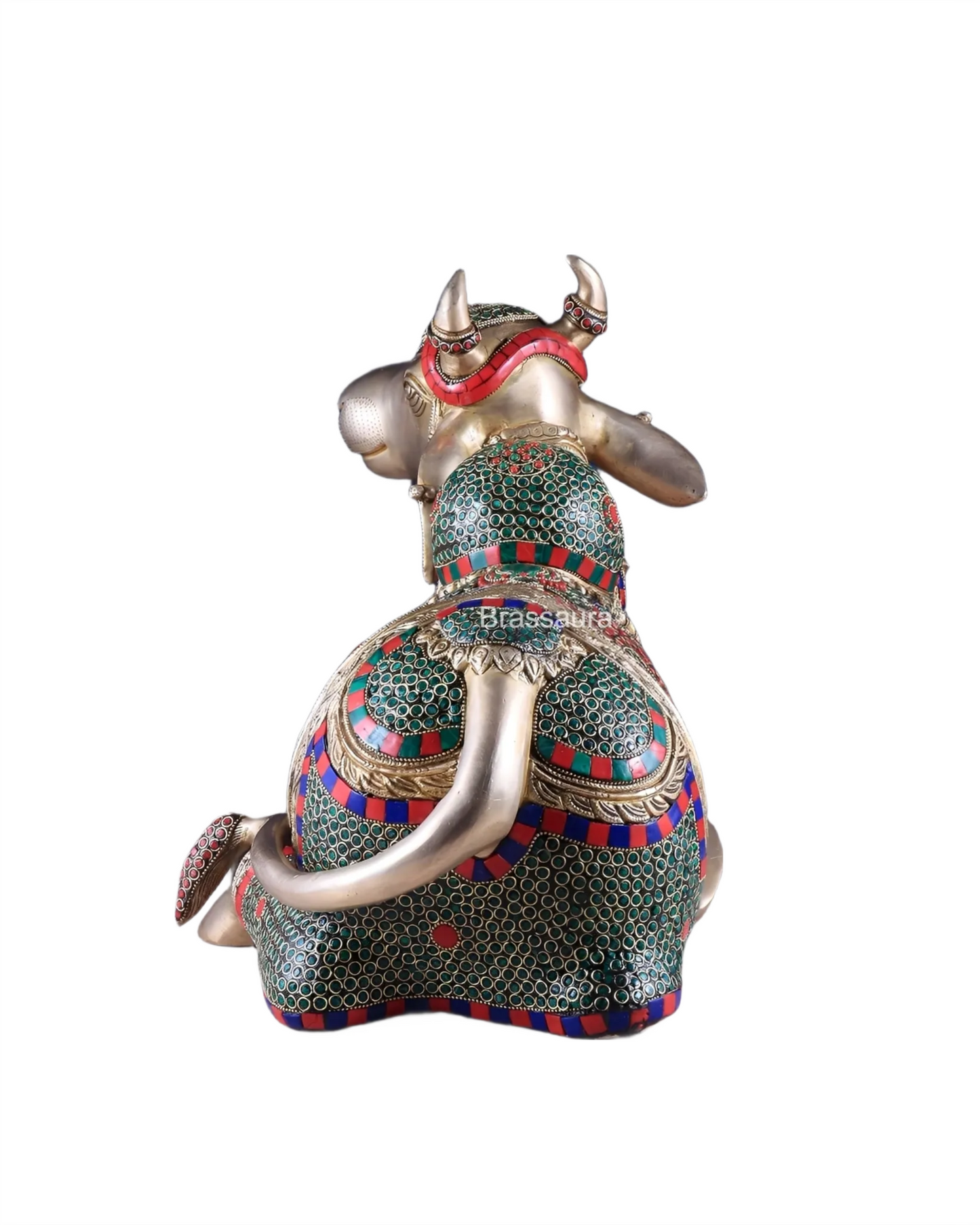 Brassaura™ Brass Nandi Statue with Intricate Stonework – Height 15" & Weight 22.5 Kgs | Temple & Home Décor