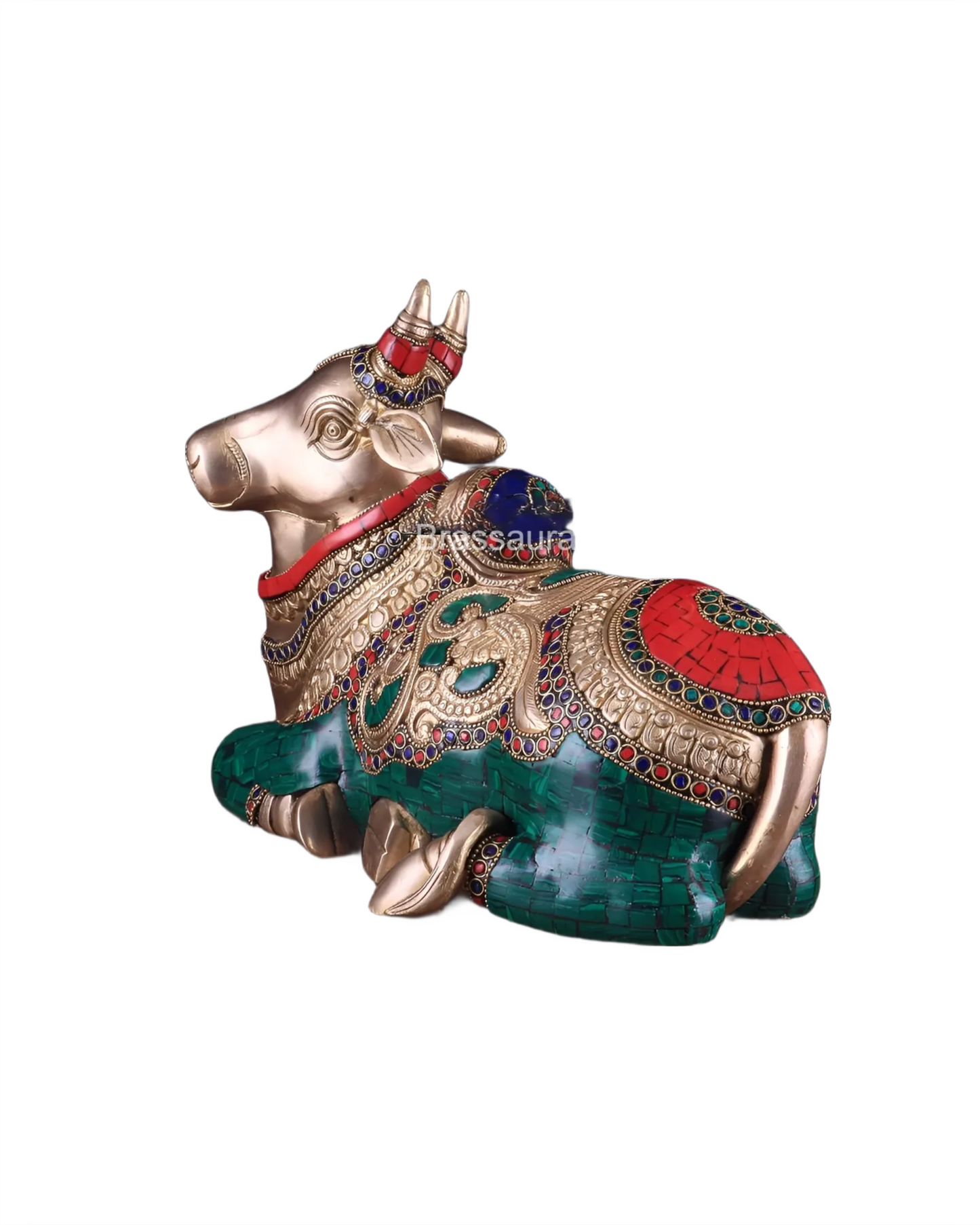 Brassaura™ Superfine Brass Sitting Nandi Statue with Stonework – Height 10" & Weight 10 Kgs | Home & Temple Décor