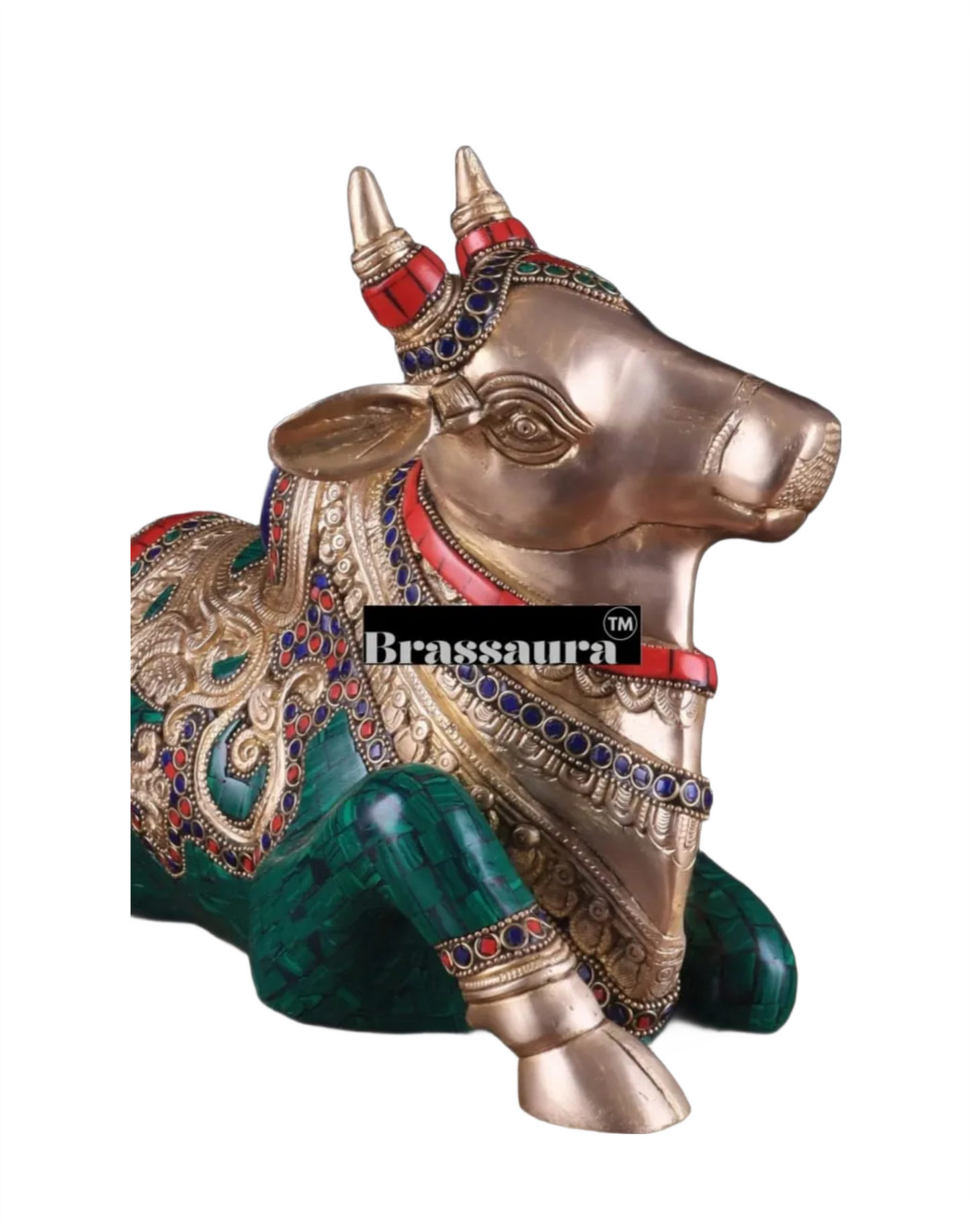 Brassaura™ Superfine Brass Sitting Nandi Statue with Stonework – Height 10" & Weight 10 Kgs | Home & Temple Décor