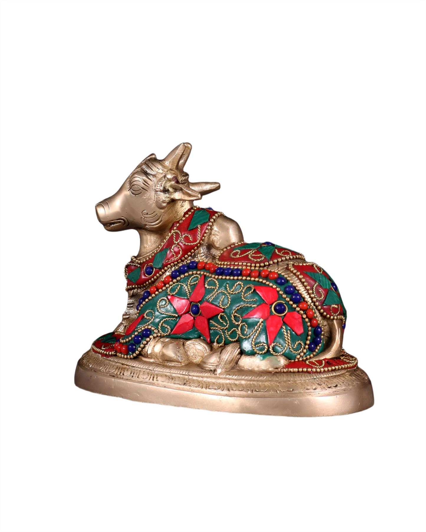Brassaura™ Brass Superfine Nandi Bull Idol with Floral Stonework – Height 4.5" & Weight 2 Kgs