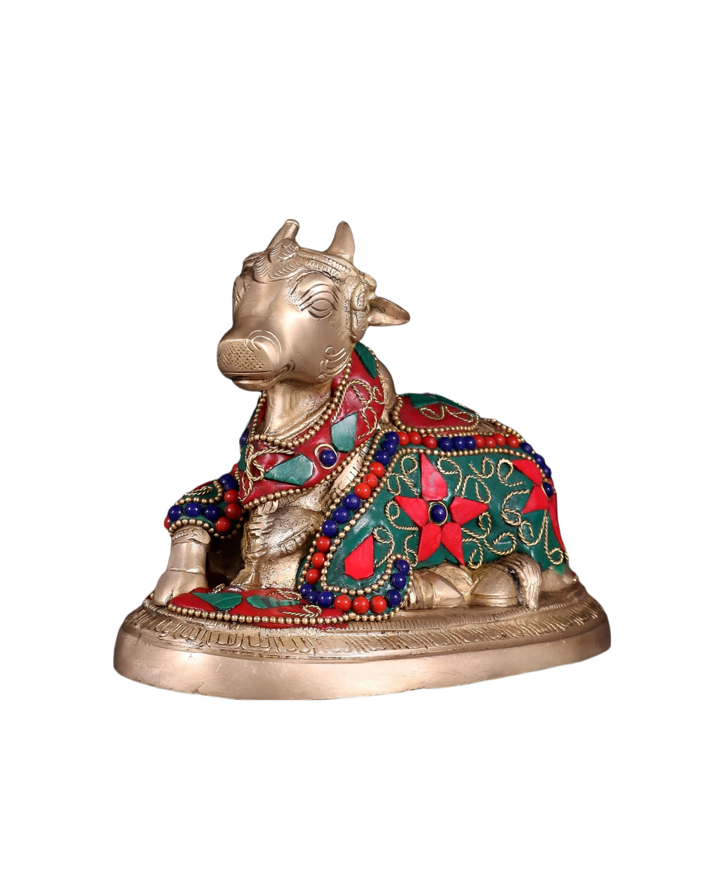 Brassaura™ Brass Superfine Nandi Bull Idol with Floral Stonework – Height 4.5" & Weight 2 Kgs