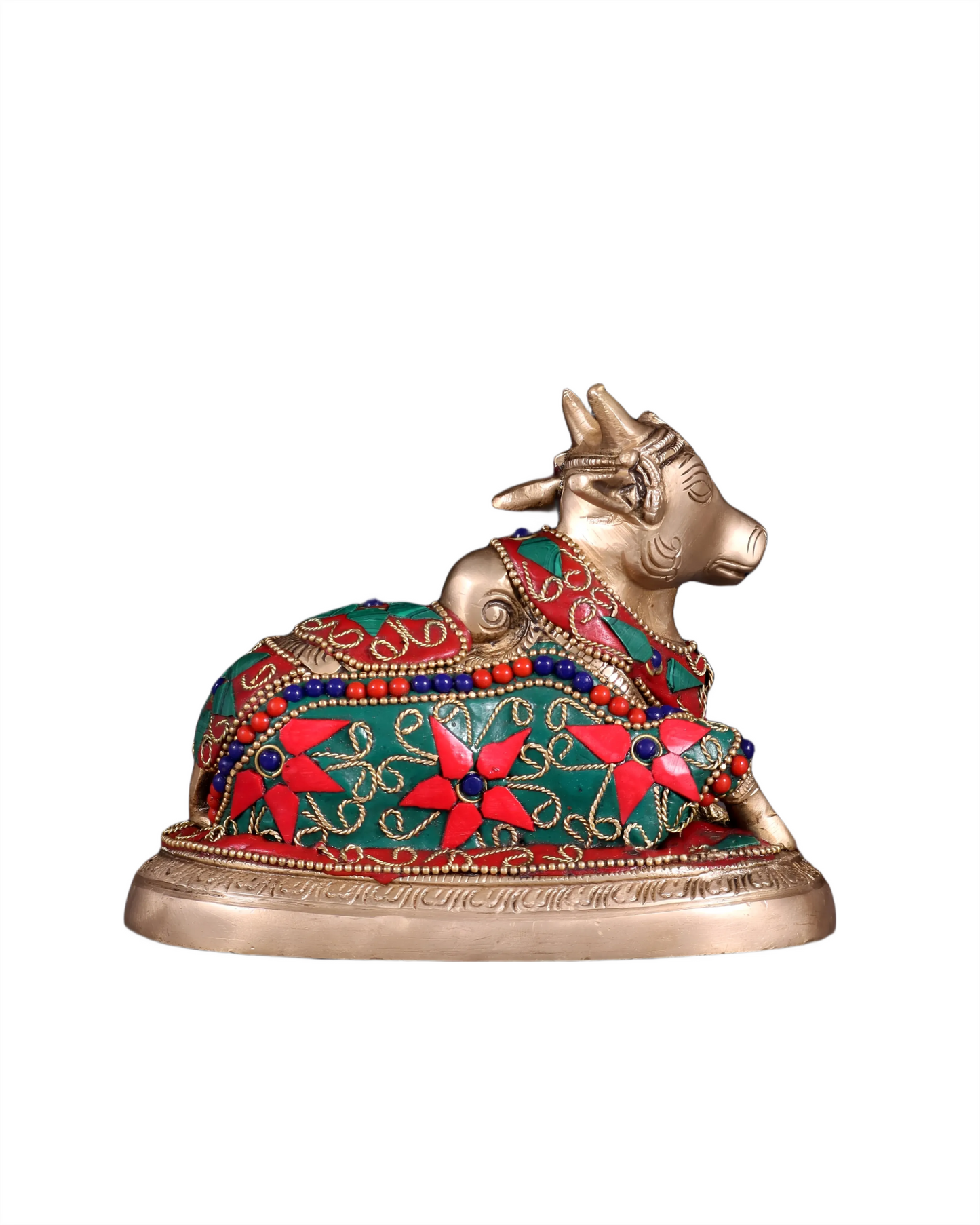 Brassaura™ Brass Superfine Nandi Bull Idol with Floral Stonework – Height 4.5" & Weight 2 Kgs