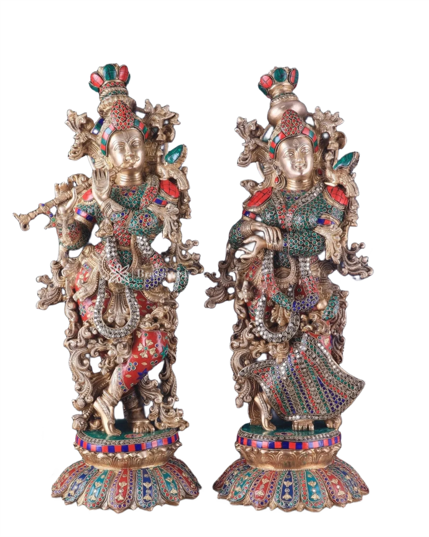 Brassaura™ Pure Brass Radha Krishna Statue with Triple-Layered Meenakari – Height 27 Inches & Weight 40 Kgs | Majestic Devotional Idol