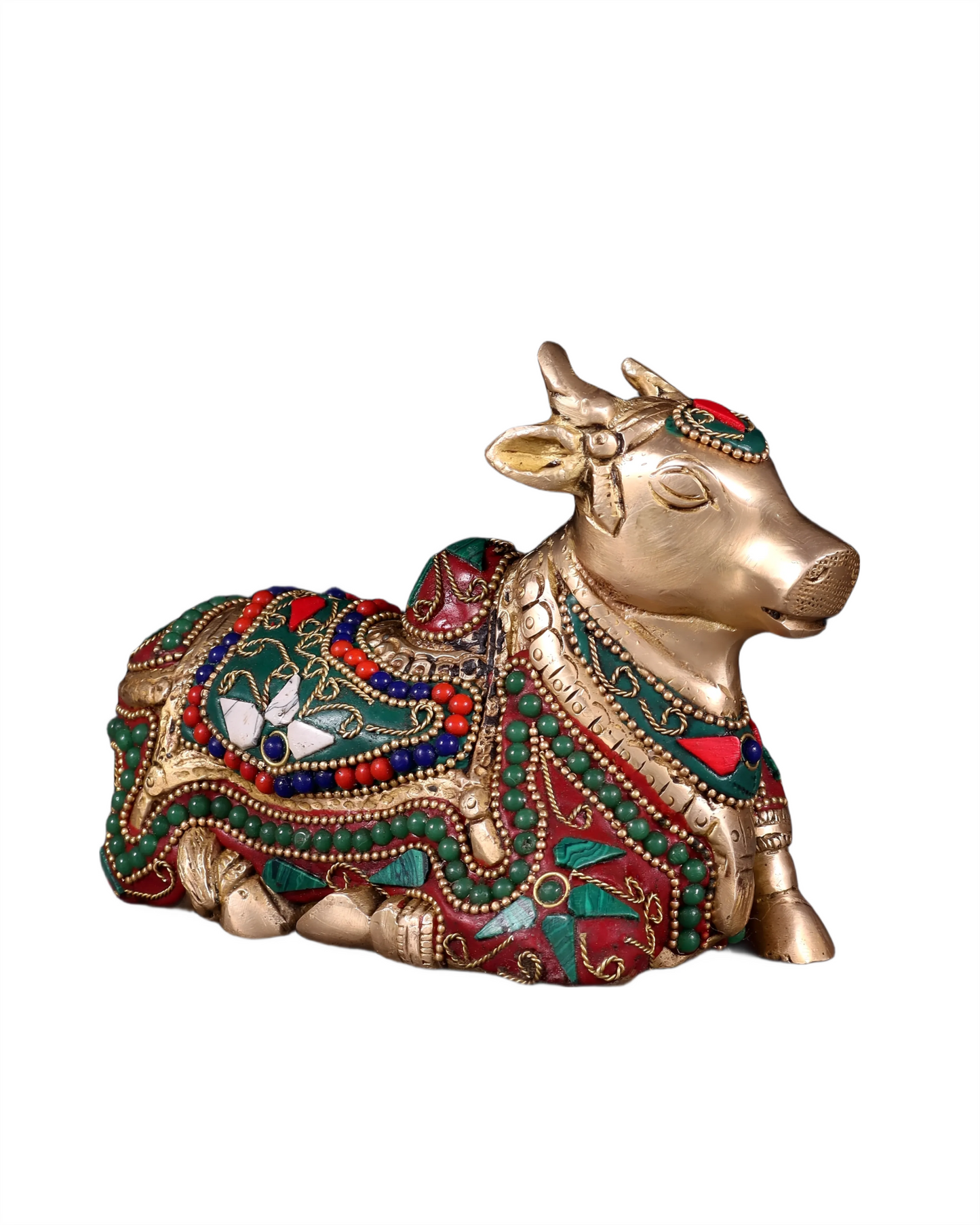 Brassaura™ Small Brass Nandi Idol with Floral Stonework – Height 4.5" & Weight 1.65 Kgs