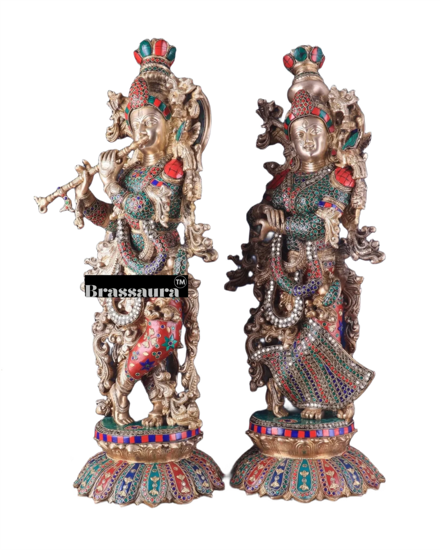 Brassaura™ Pure Brass Radha Krishna Statue with Triple-Layered Meenakari – Height 27 Inches & Weight 40 Kgs | Majestic Devotional Idol