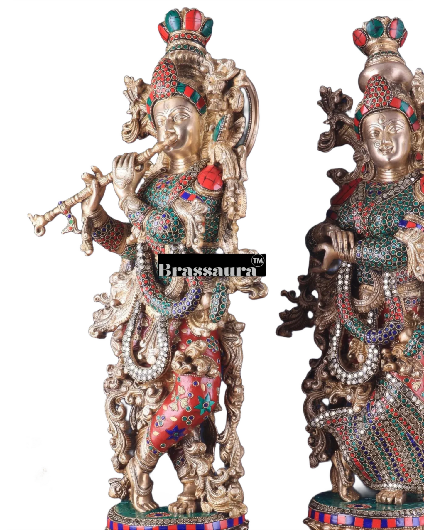 Brassaura™ Pure Brass Radha Krishna Statue with Triple-Layered Meenakari – Height 27 Inches & Weight 40 Kgs | Majestic Devotional Idol